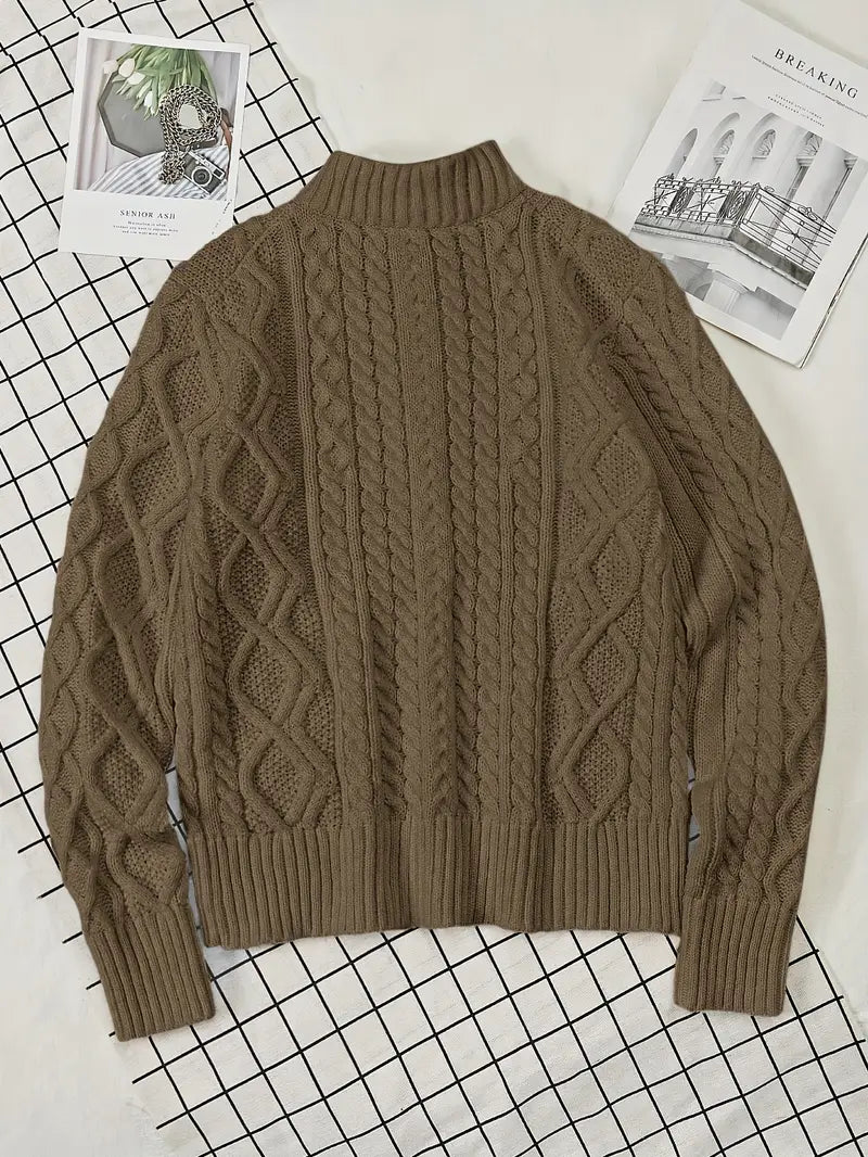 Herren Strickpullover, halber Reißverschluss Kragen Zopfmuster Stehkragen elastisch bequem