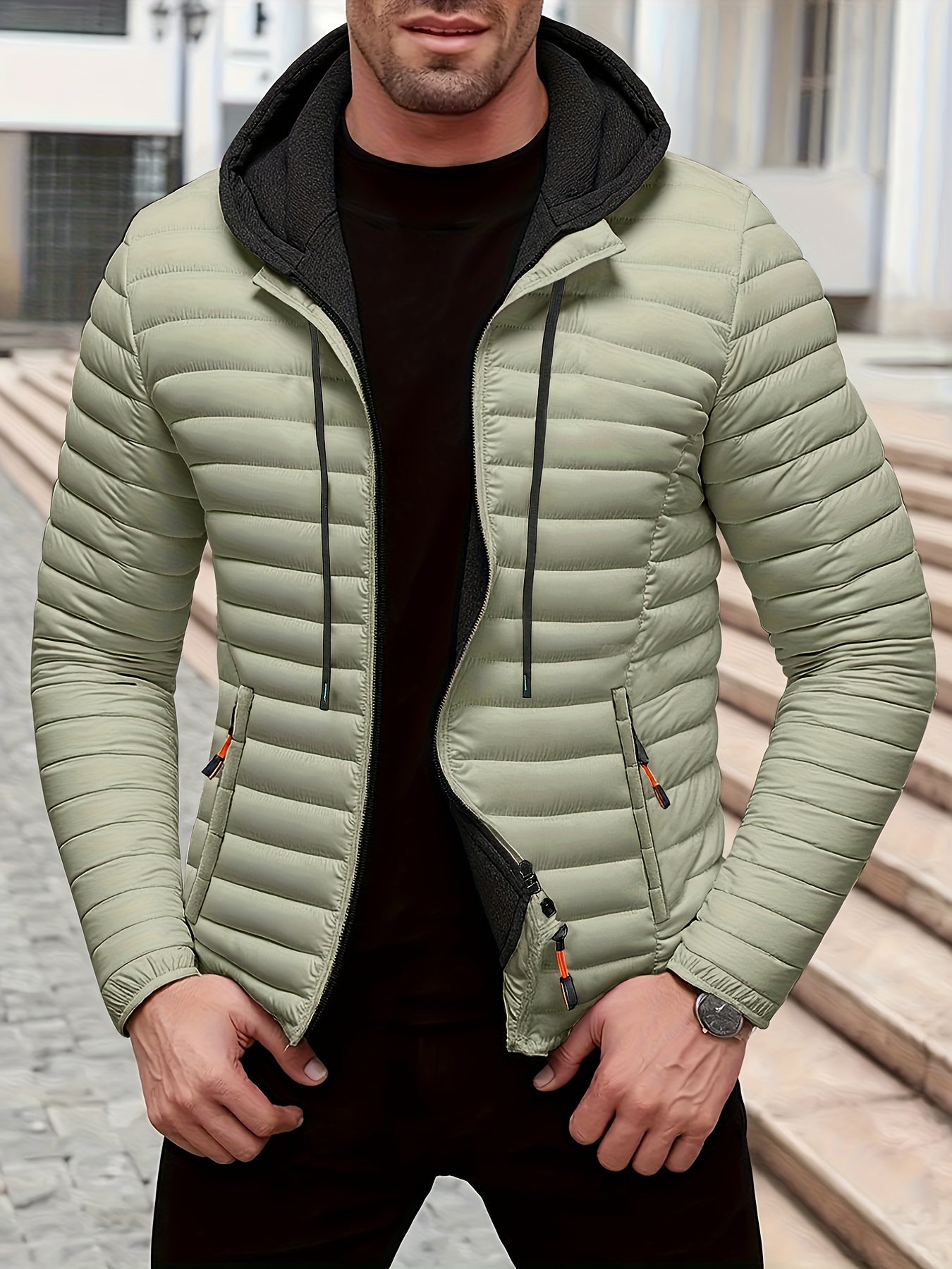 Herren Steppjacke Regular Fit Kapuze Warm Fleece Gefüttert Leicht Winter Übergang Outdoor Alltag