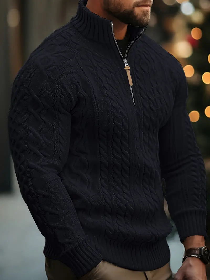 Herren Strickpullover, halber Reißverschluss Kragen Zopfmuster Stehkragen elastisch bequem