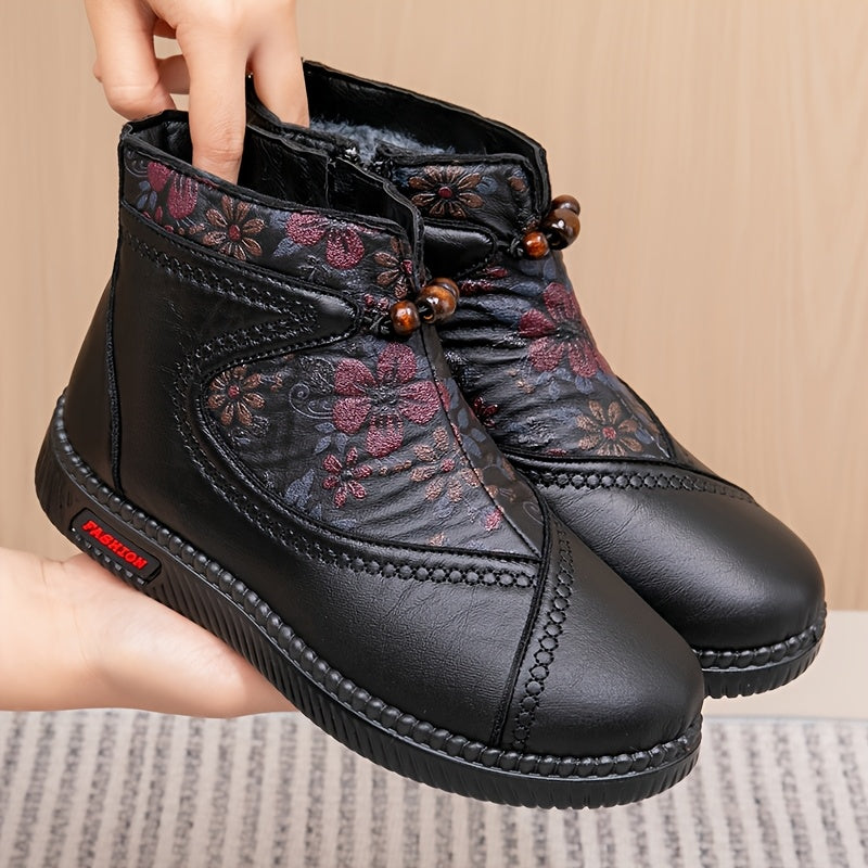 Damen Stiefeletten Lederoptik Blumen Reißverschluss gefüttert rutschfest bequem
