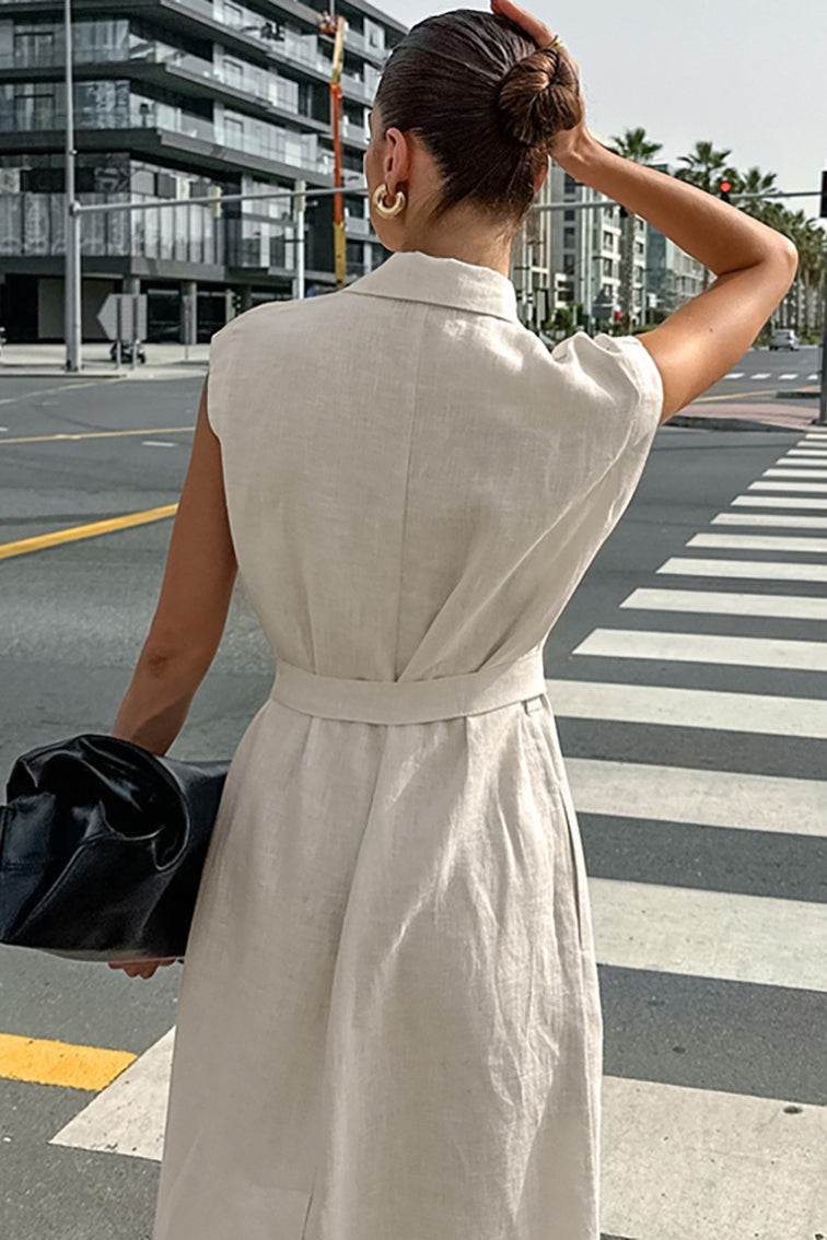 Damen Maxikleid Baumwolle Leinen ärmellos einfarbig Reverskragen Gürtel A-Linie Seitenschlitz