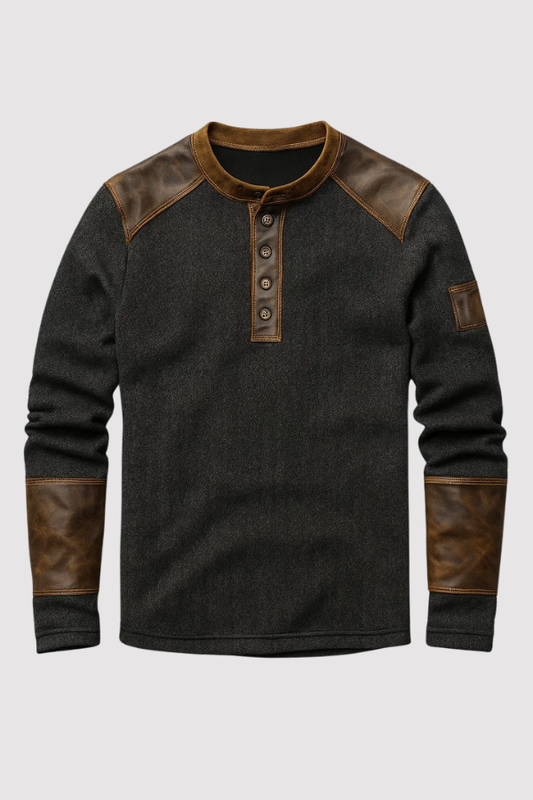 Herren Henley Pullover Vintage Look Knopfleiste Slim Fit Langarm strukturiert