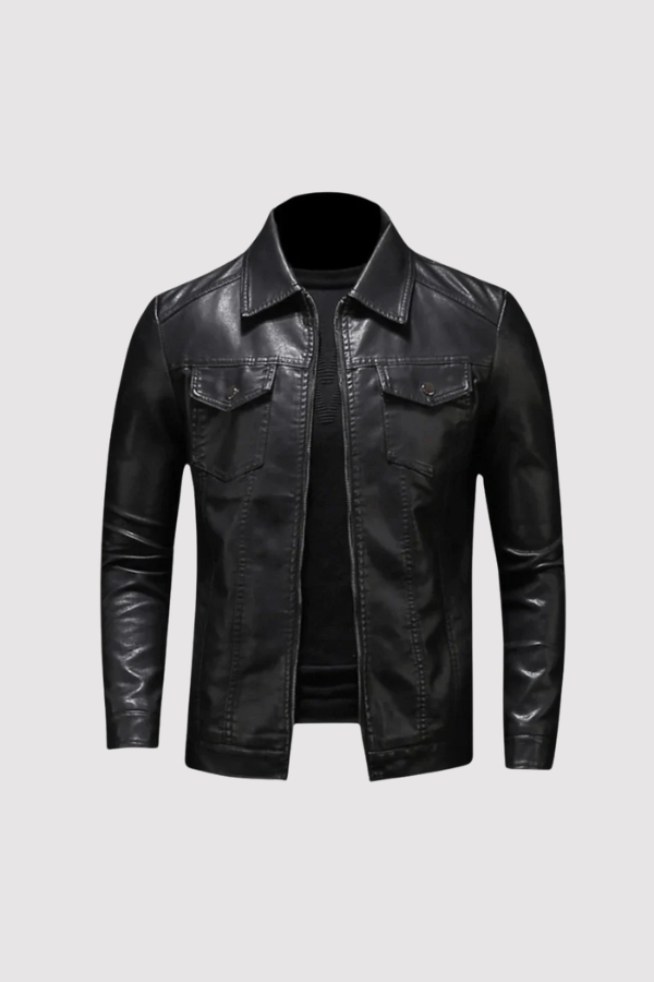 Herren Jacke Lederoptik Schwarz Slim Fit Reißverschluss Klassisch Elegant