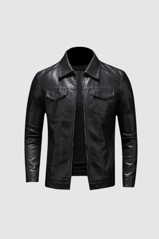 Herren Jacke Lederoptik Schwarz Slim Fit Reißverschluss Klassisch Elegant
