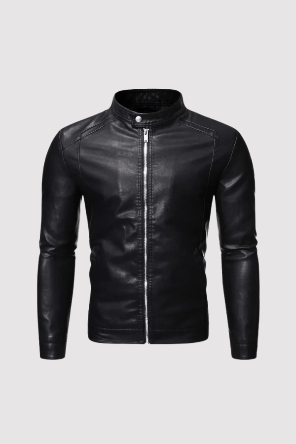 Herren Lederjacke Schwarz Stehkragen Slim Fit Reißverschluss Elegant  Produktbeschreibung: