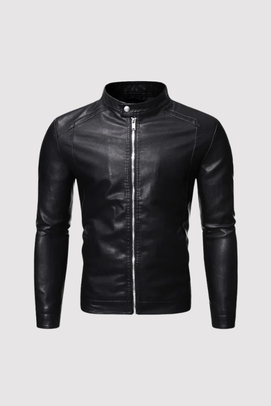 Herren Lederjacke Schwarz Stehkragen Slim Fit Reißverschluss Elegant  Produktbeschreibung:
