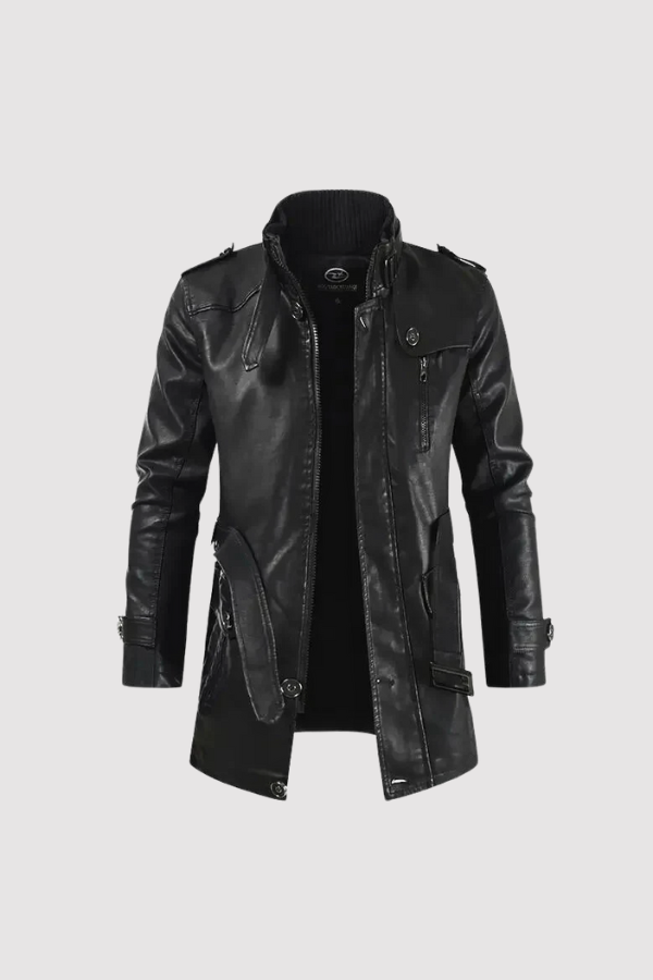 Herren Biker Lederjacke Lang Schwarz Slim Fit Reißverschluss Elegant