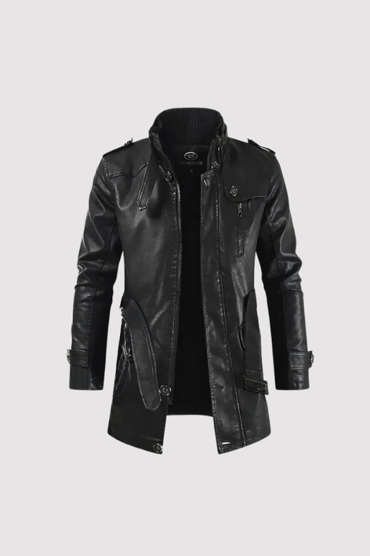 Herren Biker Lederjacke Lang Schwarz Slim Fit Reißverschluss Elegant