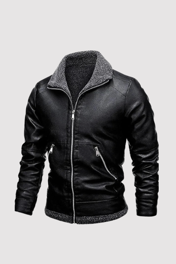 Herren Lederjacke Regular Fit Fleece Gefüttert Warm Elegant Alltag Freizeit Herbst Winter