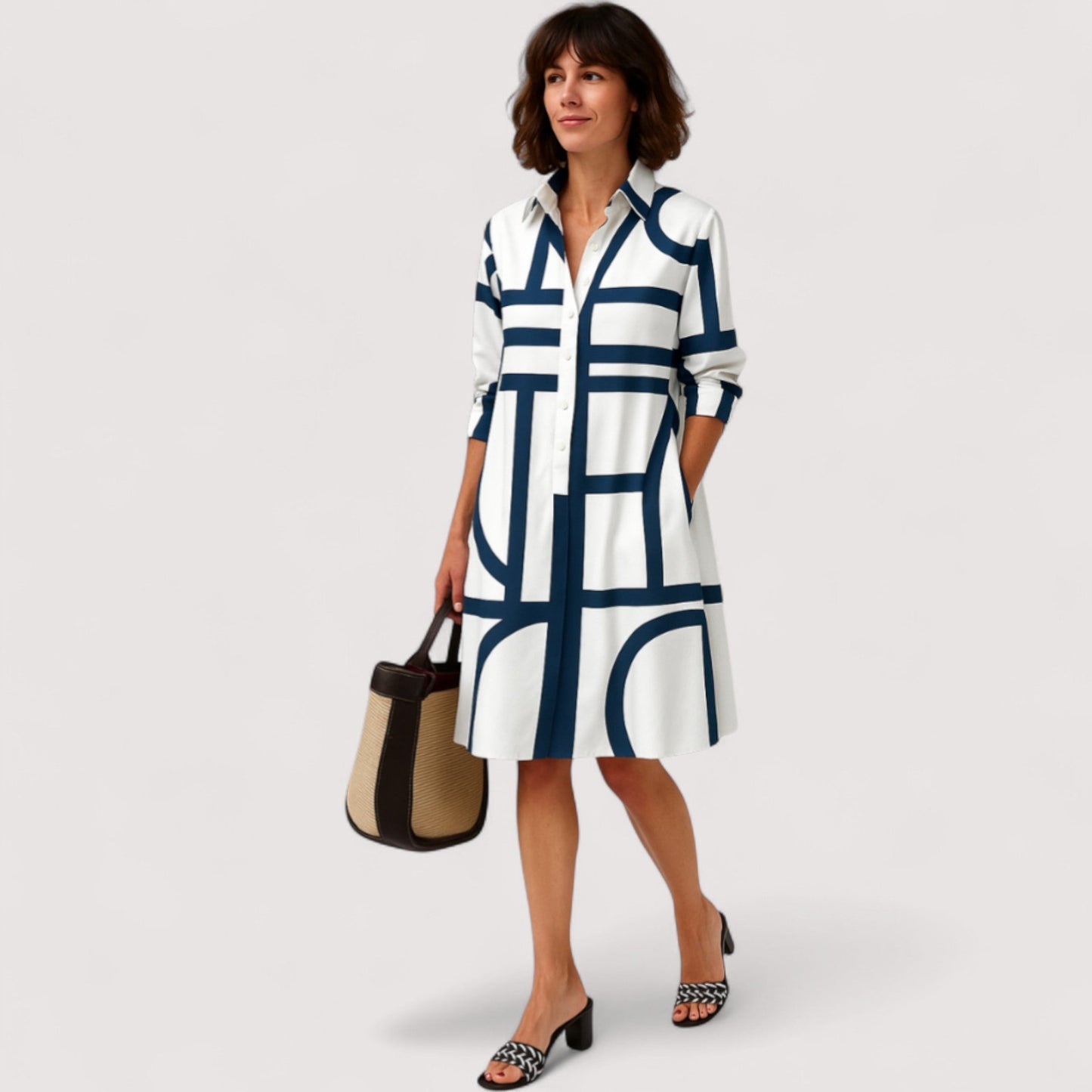 Damen Midikleid Hemdkragen Knopfleiste 3/4 Ärmel tailliert Stufenrock elegant