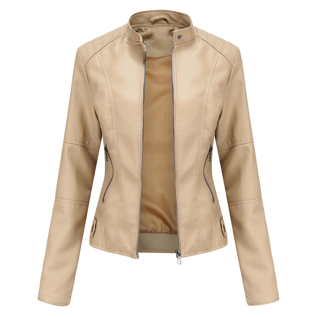 Damen Lederjacke Regular Fit Kunstleder Elegant Zeitlos Alltag Freizeit Übergang Hochkragen Reißverschluss