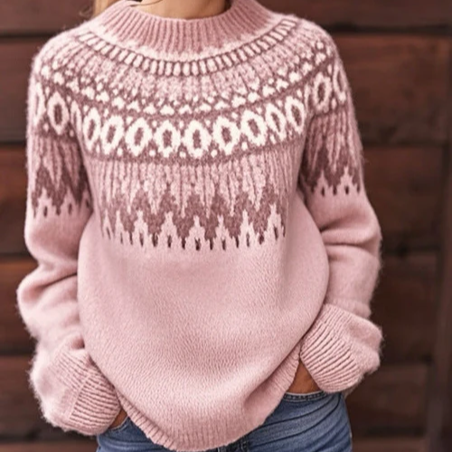 Damen Strickpullover Rundhals Muster Warm Komfort Winter Lässig