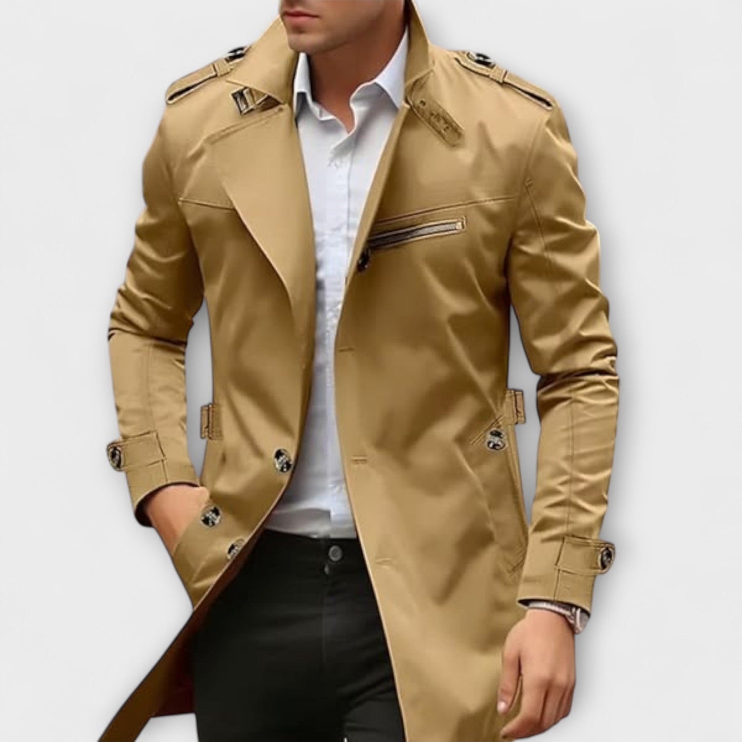 Herren Trenchcoat Slim Fit Wasserabweisend Klassisch Elegant Business Freizeit Übergangsmantel