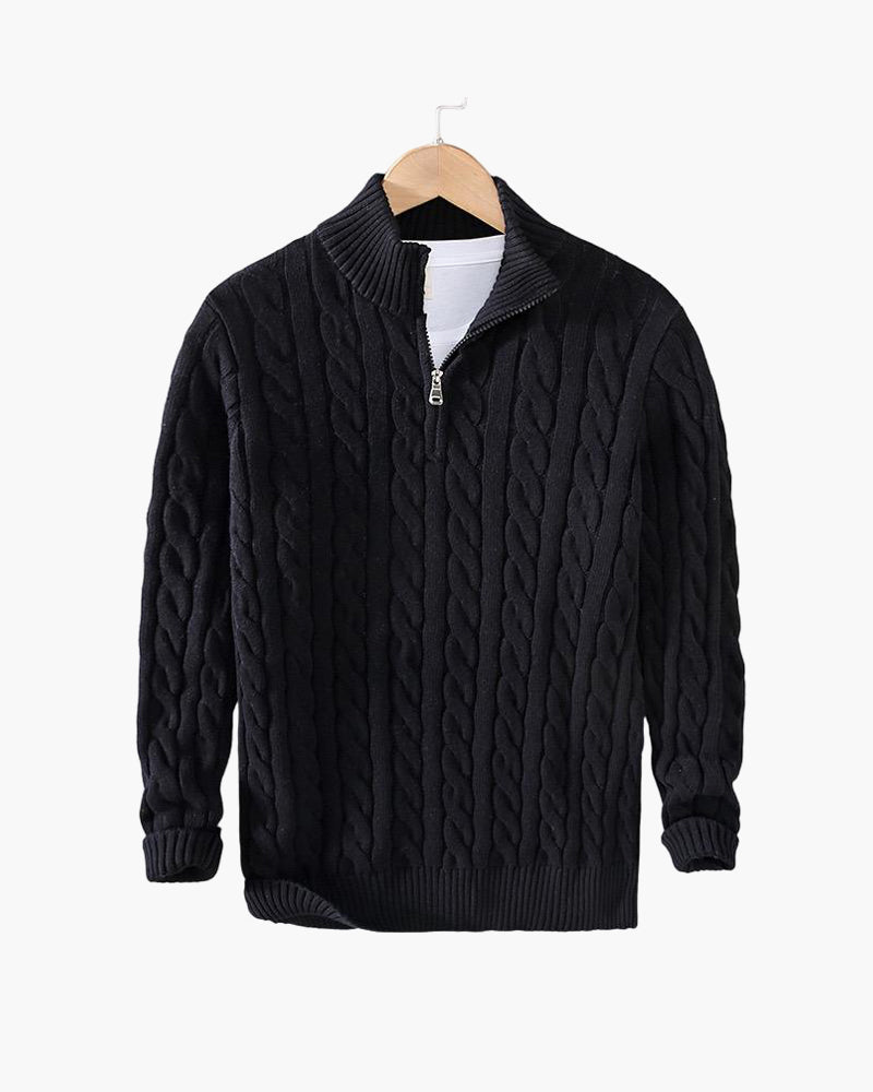 Herren Zopfstrickpullover Stehkragen Reißverschluss Langarm Slim Fit