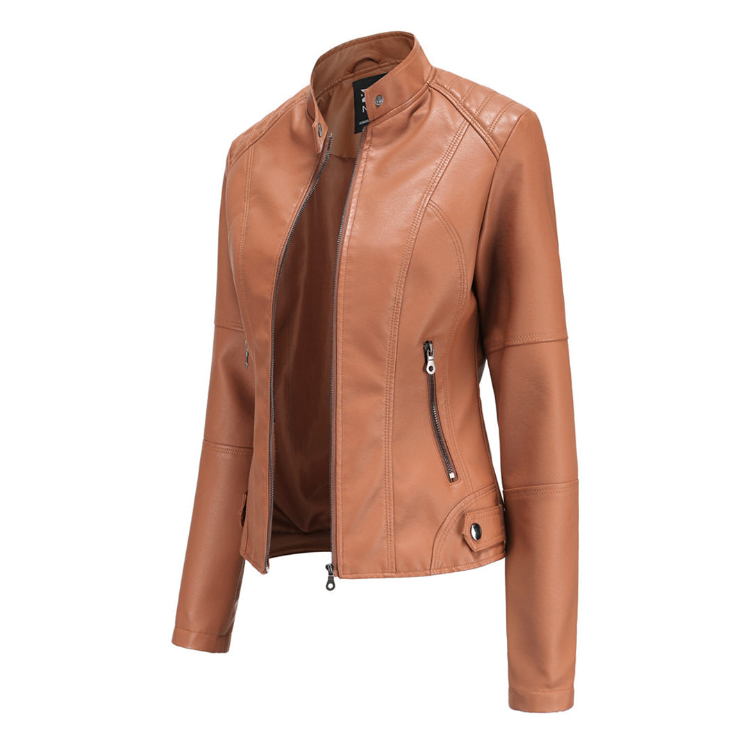 Damen Lederjacke Regular Fit Kunstleder Elegant Zeitlos Alltag Freizeit Übergang Hochkragen Reißverschluss