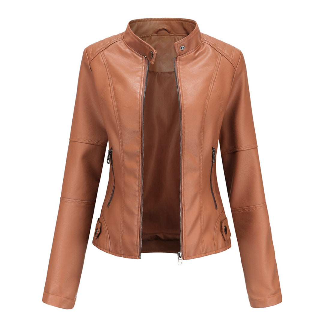 Damen Lederjacke Regular Fit Kunstleder Elegant Zeitlos Alltag Freizeit Übergang Hochkragen Reißverschluss