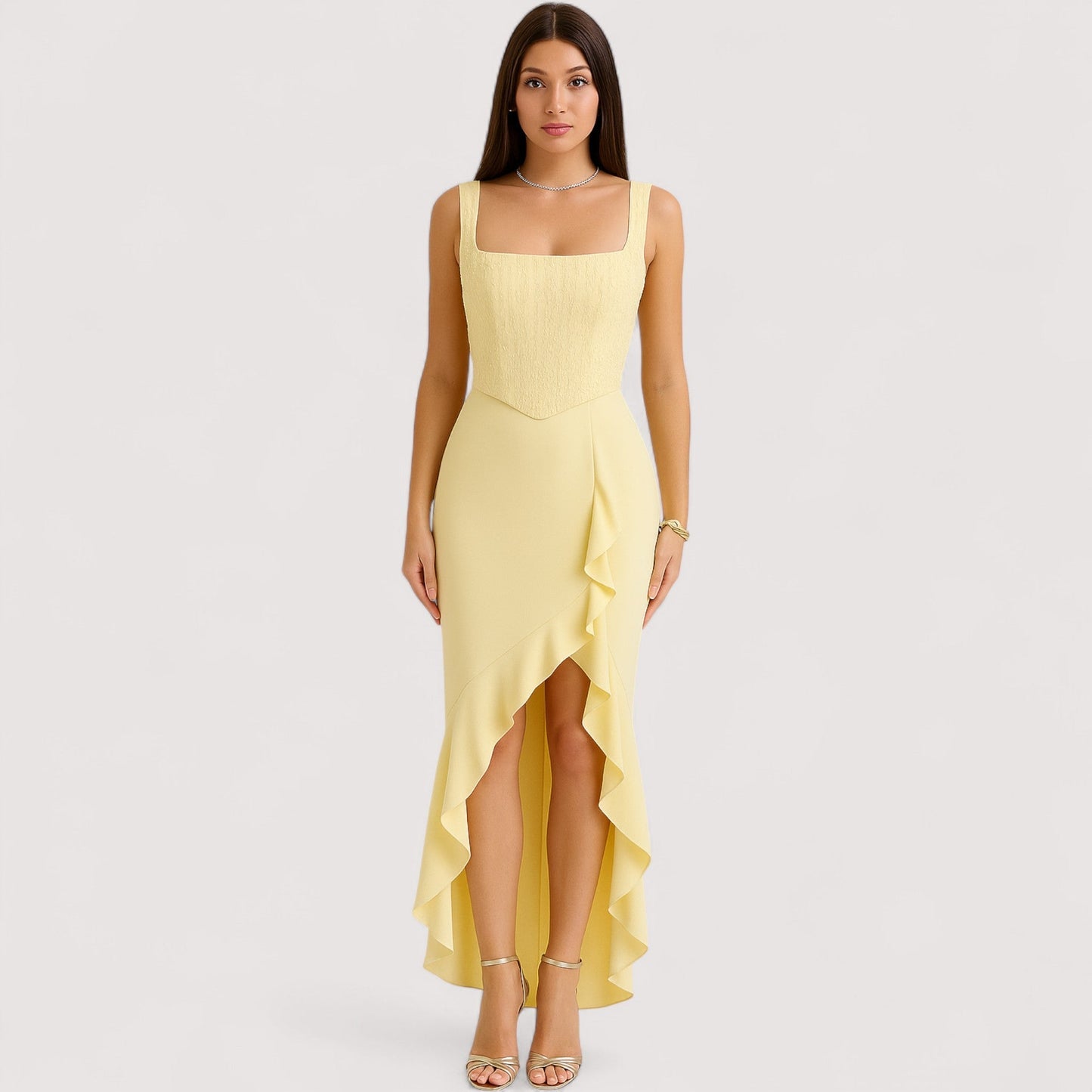 Damen Kleid quadratischer Ausschnitt Rüschen asymmetrischer Saum figurbetont elegant