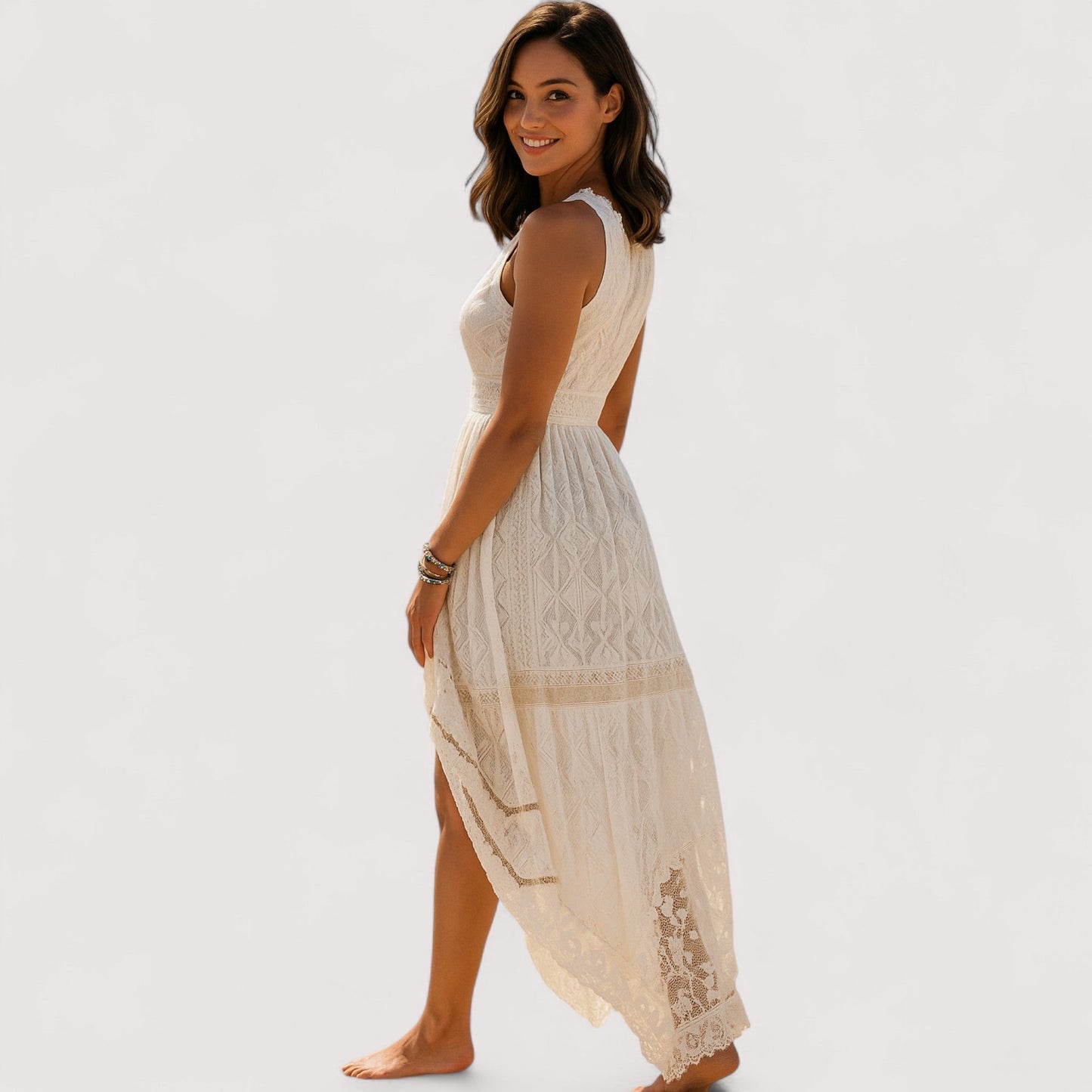 Damen Boho Kleid locker fließend Spitze leicht bequem sommerlich