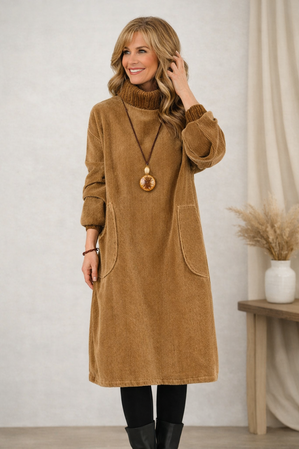 Damen Kleid Rollkragen midi, lange Ärmel, lockere Passform, Taschen