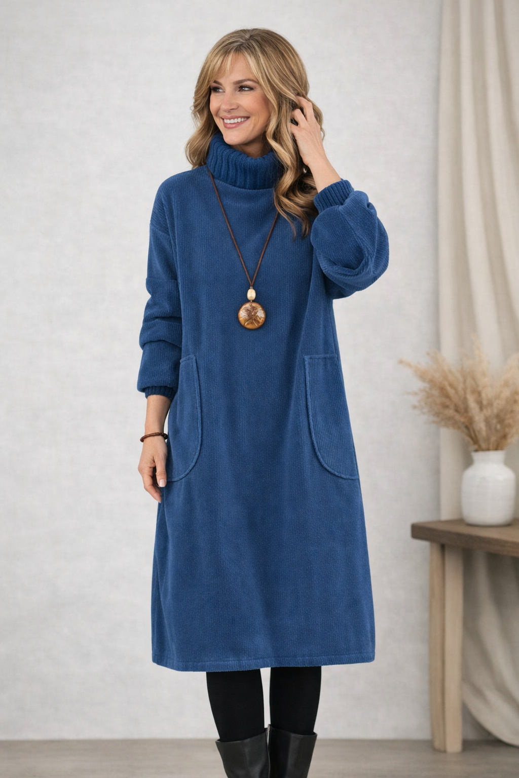 Damen Kleid Rollkragen midi, lange Ärmel, lockere Passform, Taschen