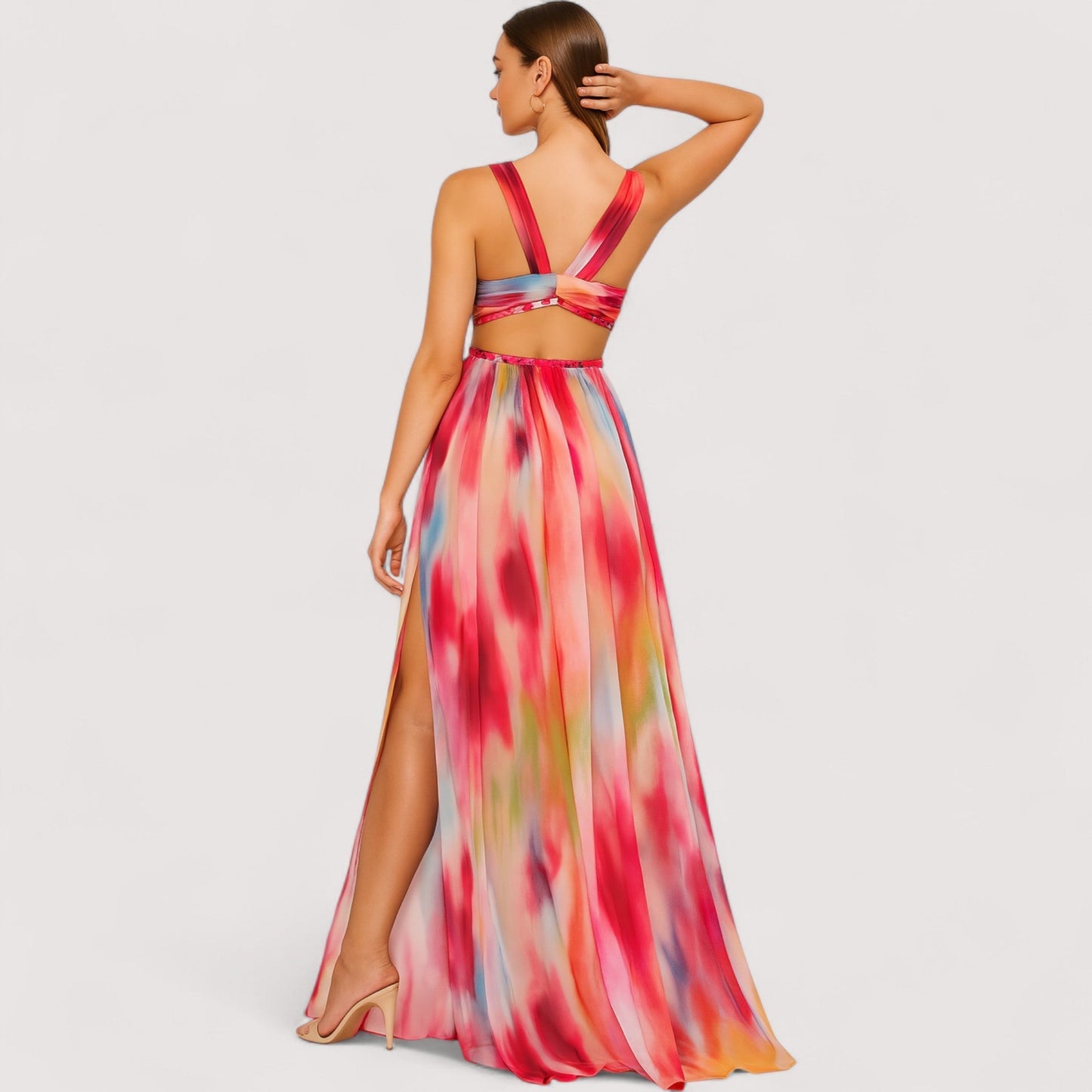 Damen Maxikleid Cut-Outs gemustert fließend leicht figurbetont elegant