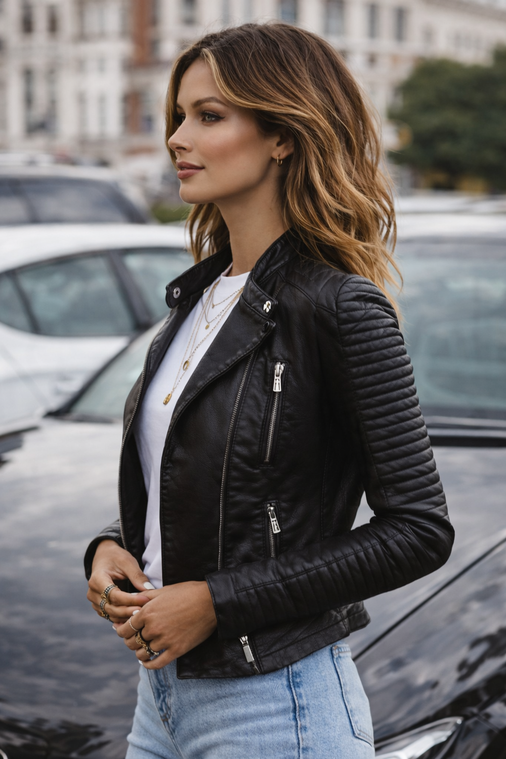 Damen Lederjacke ist in der Taille tailliert elegante Reißverschlusstaschen klassische Passform