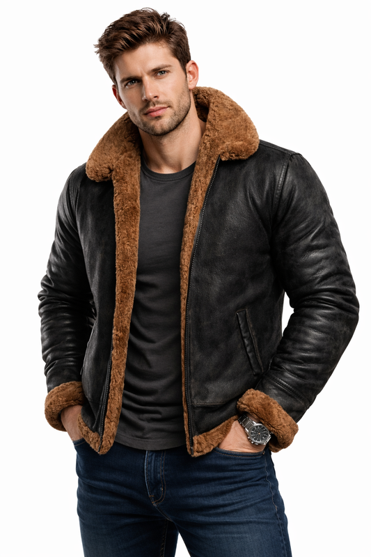 Herren Lederjacke mit Fellfutter, Reverskragen, locker geschnitten, warm