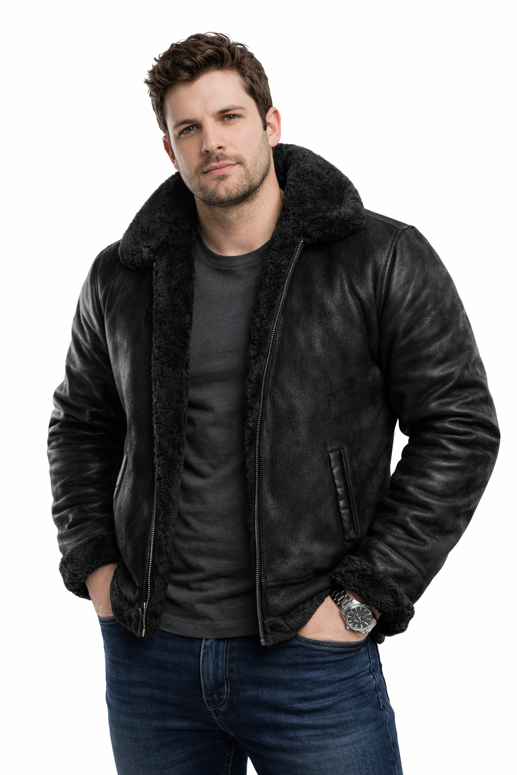 Herren Lederjacke mit Fellfutter, Reverskragen, locker geschnitten, warm