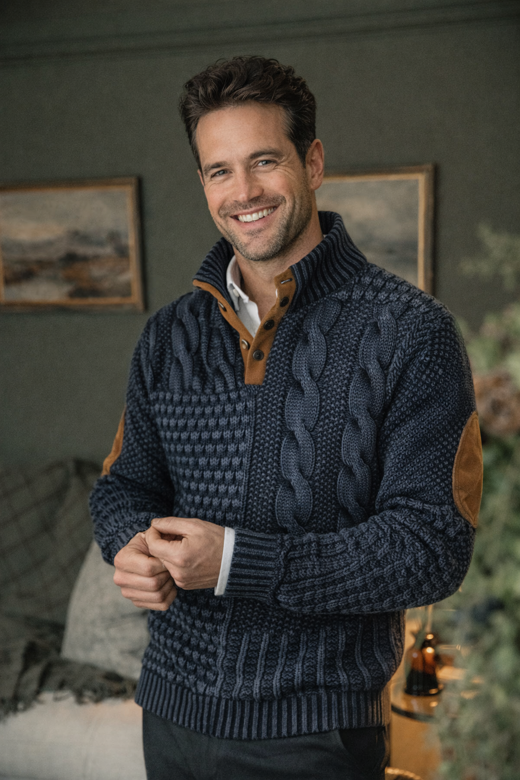 Herren Pullover Patchwork Zopfmuster, Knopfkragen, lange Ärmel, bequeme Passform