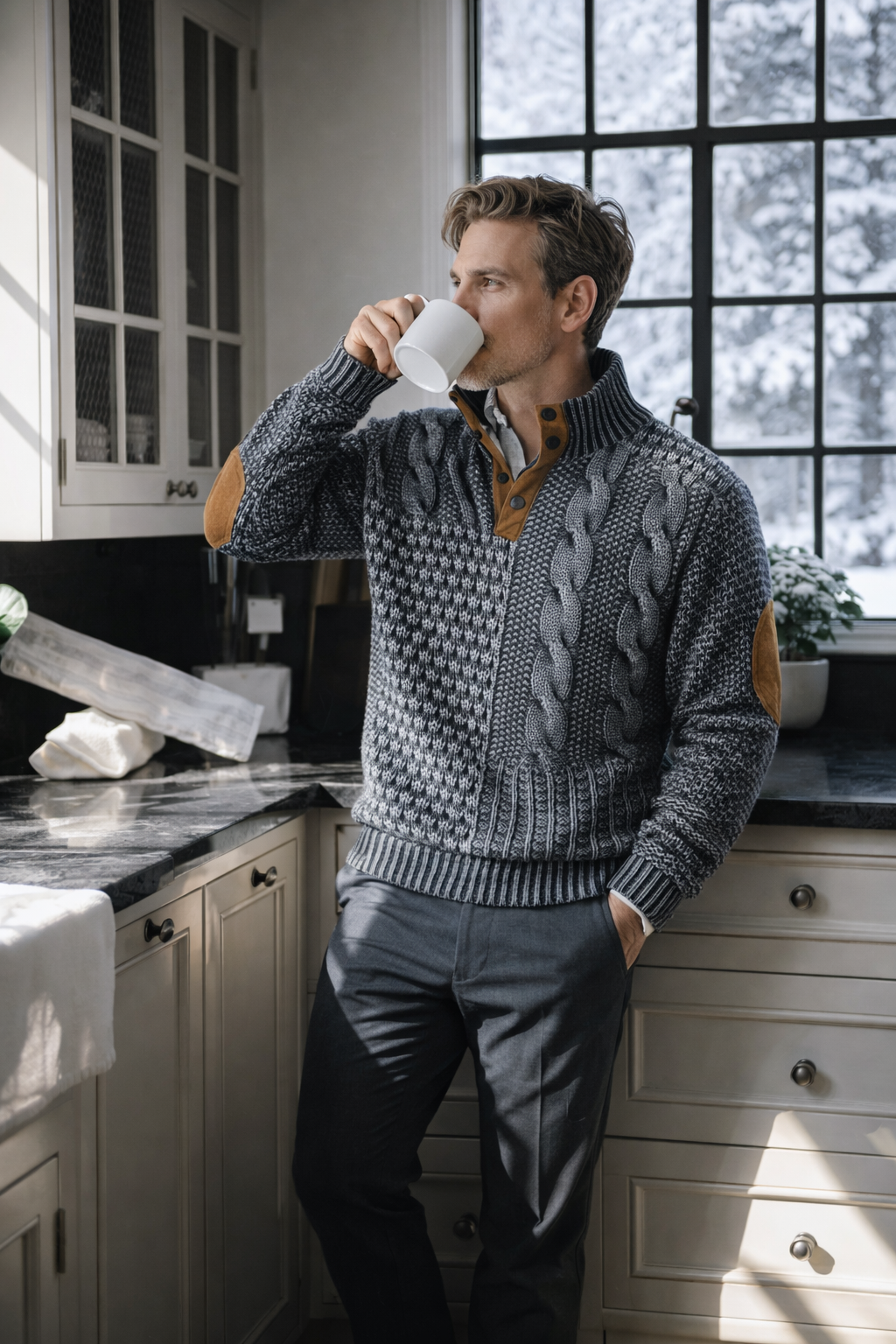 Herren Pullover Patchwork Zopfmuster, Knopfkragen, lange Ärmel, bequeme Passform