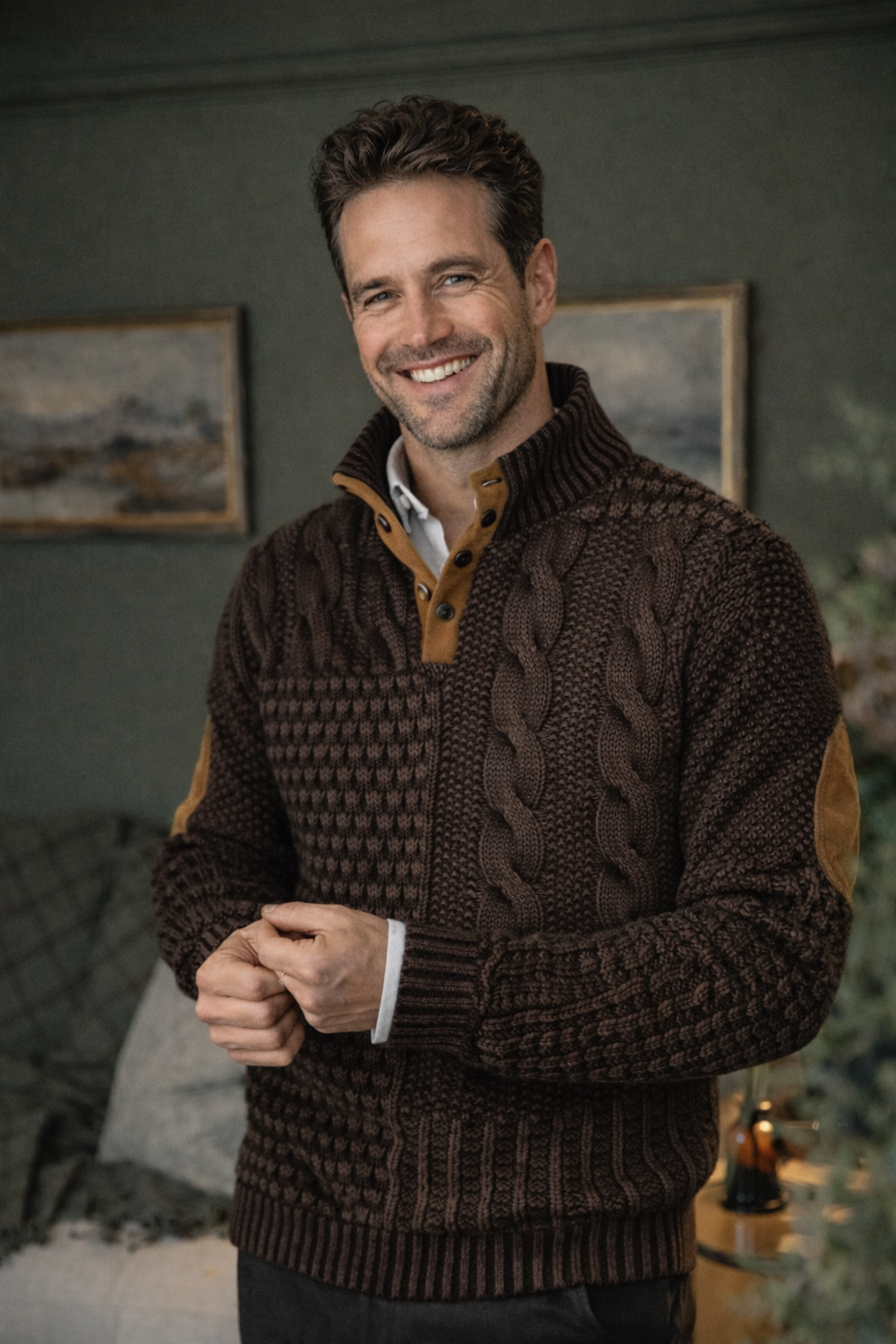 Herren Pullover Patchwork Zopfmuster, Knopfkragen, lange Ärmel, bequeme Passform