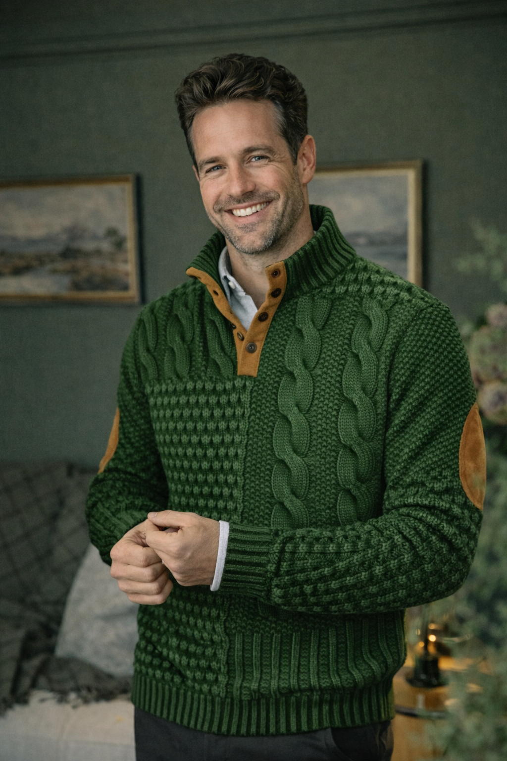 Herren Pullover Patchwork Zopfmuster, Knopfkragen, lange Ärmel, bequeme Passform