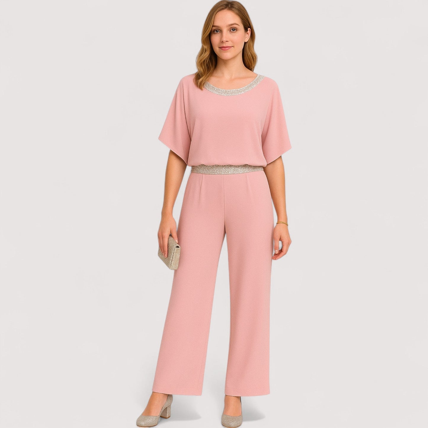 Damen Zweiteiler Set elegant Chiffon Top mit Fledermausärmeln und lange Hose locker geschnitten mit Pailletten Details