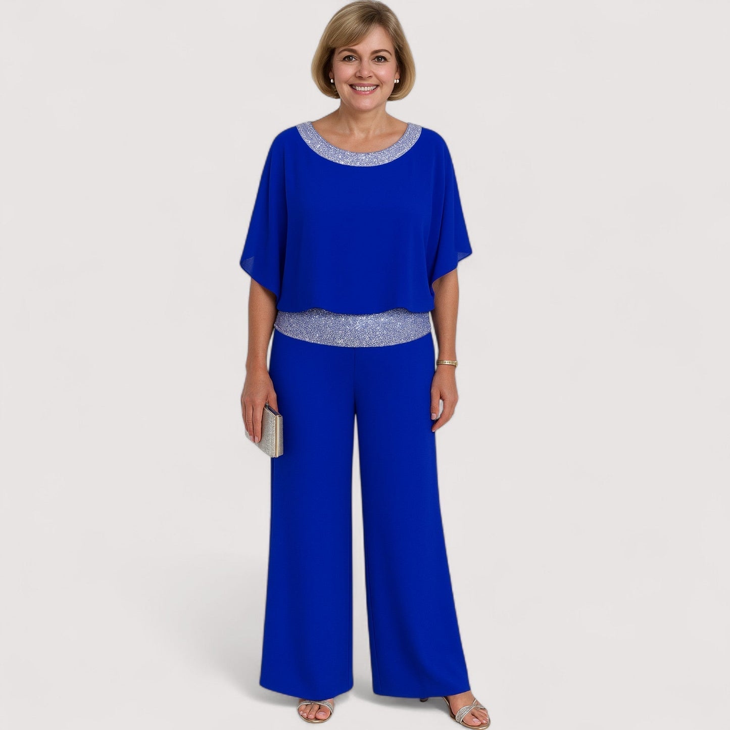 Damen Zweiteiler Set elegant Chiffon Top mit Fledermausärmeln und lange Hose locker geschnitten mit Pailletten Details
