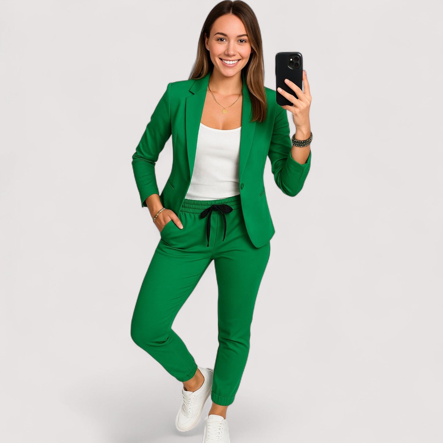 Damen Blazer und Jogginghose Set elegant locker geschnitten mit Kontrastkordel bequeme Passform