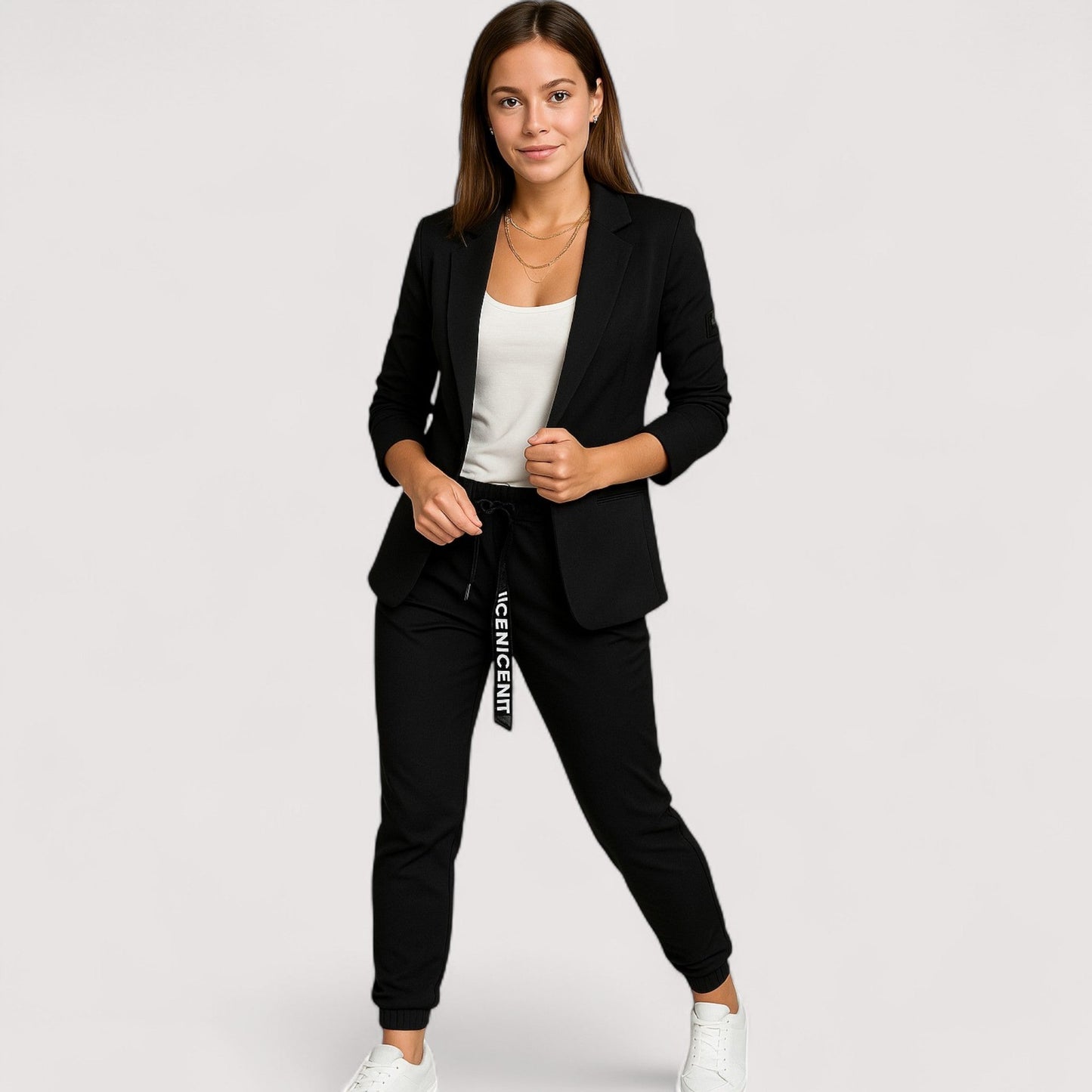Damen Blazer und Jogginghose Set elegant locker geschnitten mit Kontrastkordel bequeme Passform