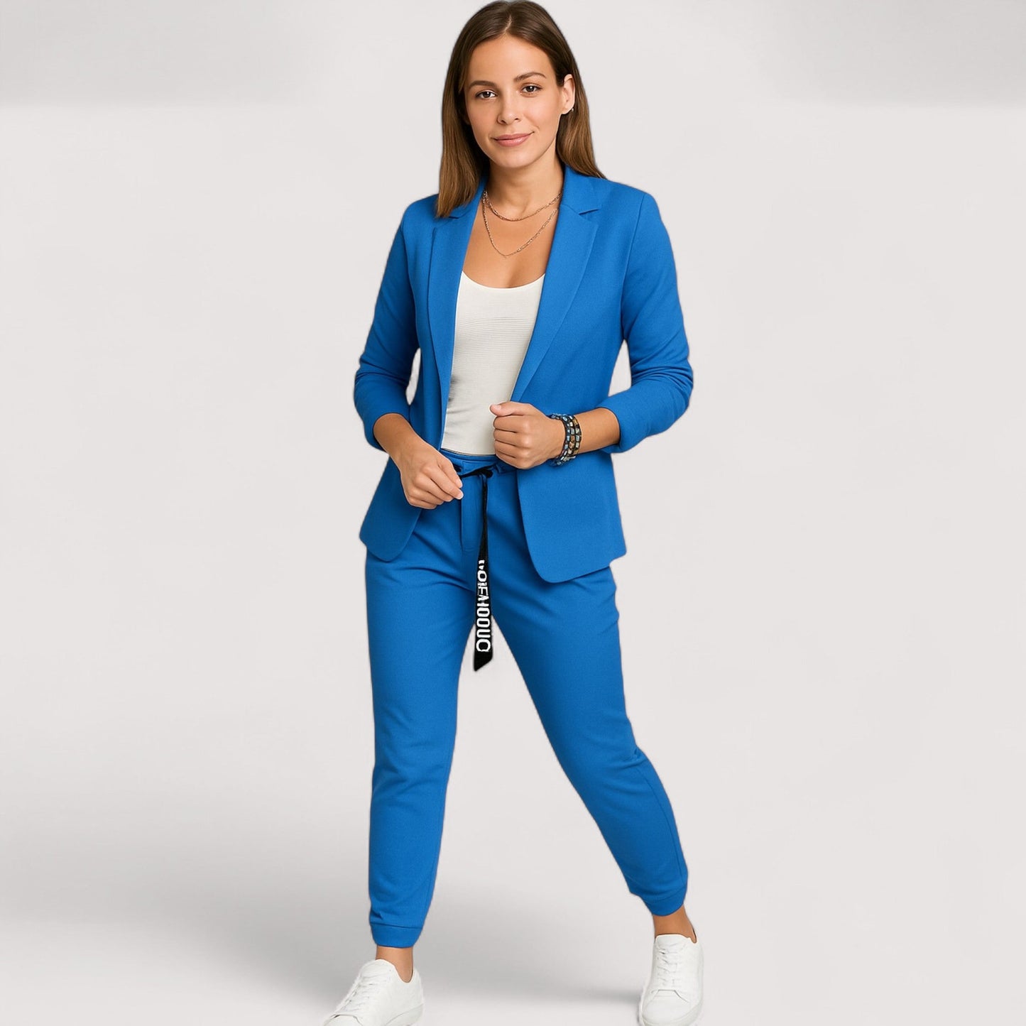 Damen Blazer und Jogginghose Set elegant locker geschnitten mit Kontrastkordel bequeme Passform
