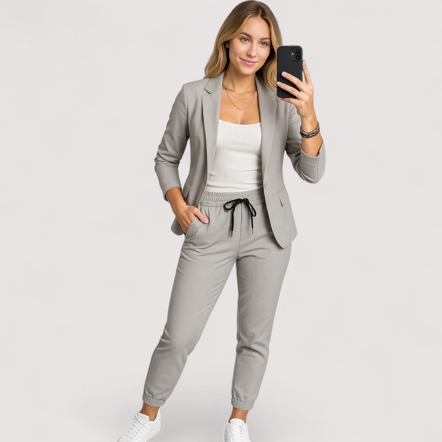 Damen Blazer und Jogginghose Set elegant locker geschnitten mit Kontrastkordel bequeme Passform