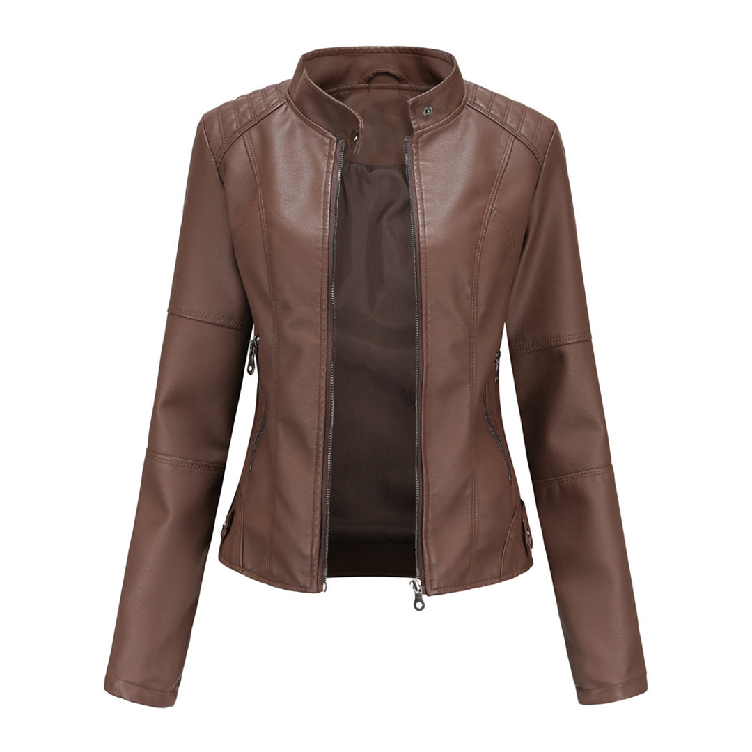 Damen Lederjacke Regular Fit Kunstleder Elegant Zeitlos Alltag Freizeit Übergang Hochkragen Reißverschluss