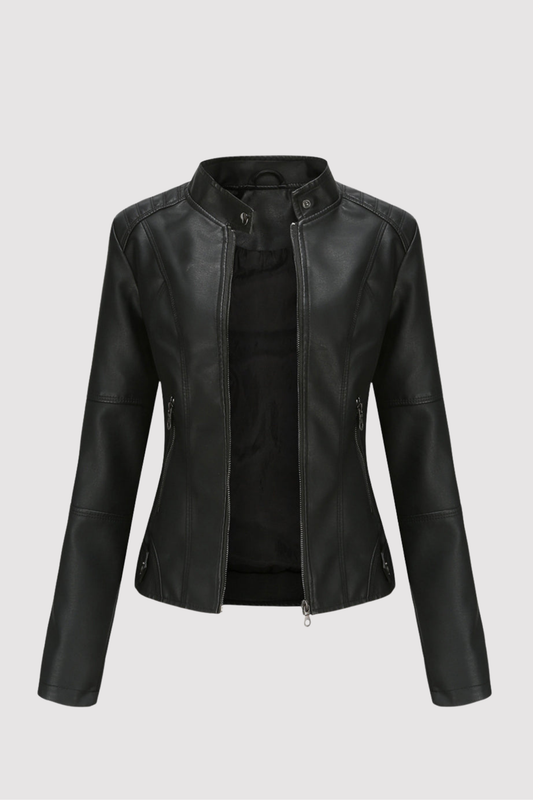 Damen Lederjacke Regular Fit Kunstleder Elegant Zeitlos Alltag Freizeit Übergang Hochkragen Reißverschluss