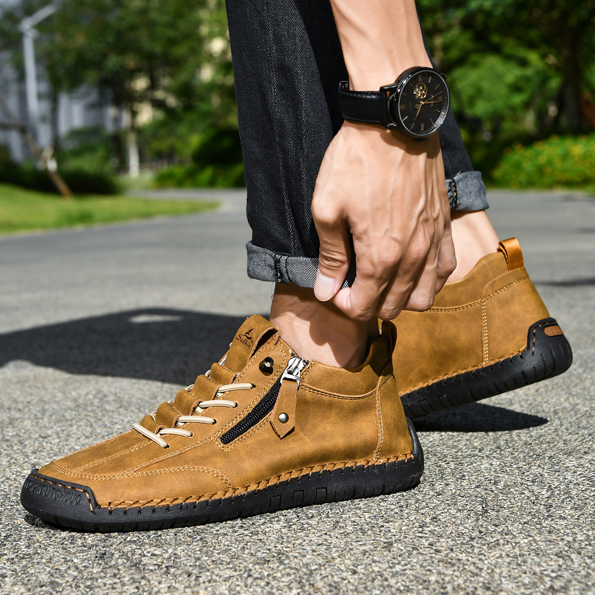 Herren Schuhe Nubukleder seitlicher Reißverschluss gepolstert rutschfeste Gummisohle flexibel Alltag