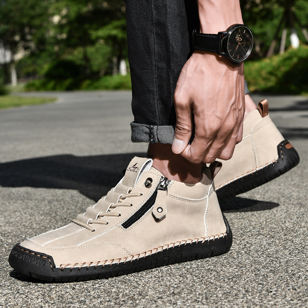 Herren Schuhe Nubukleder seitlicher Reißverschluss gepolstert rutschfeste Gummisohle flexibel Alltag