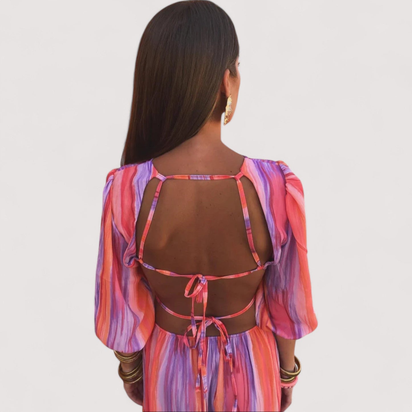 Damen Maxikleid Cut-Outs vertikal gemustert figurbetont elegant mittellangärmlig