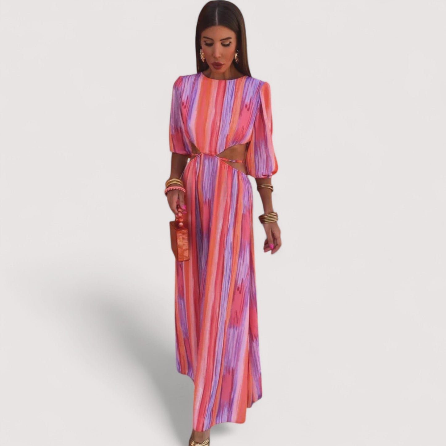 Damen Maxikleid Cut-Outs vertikal gemustert figurbetont elegant mittellangärmlig