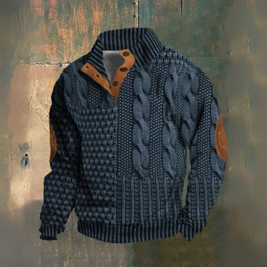 Herren Pullover Patchwork Zopfmuster, Knopfkragen, lange Ärmel, bequeme Passform