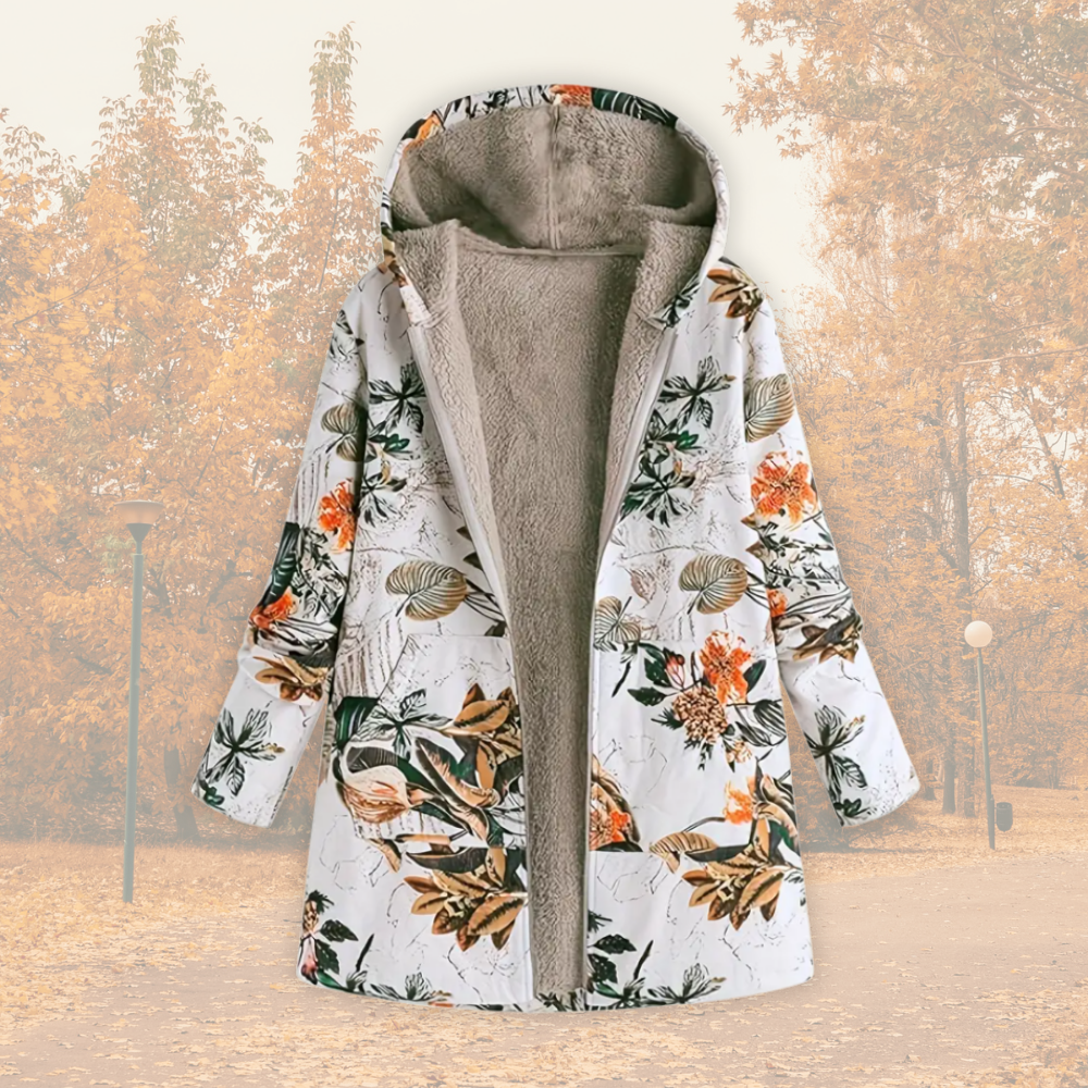 Damen Winterjacke Blumenmuster Kapuze Kunstfell Fleece Warm Leicht Regular Fit Mehrfarbig