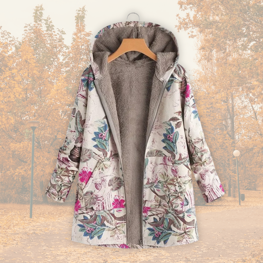 Damen Winterjacke Blumenmuster Kapuze Kunstfell Fleece Warm Leicht Regular Fit Mehrfarbig