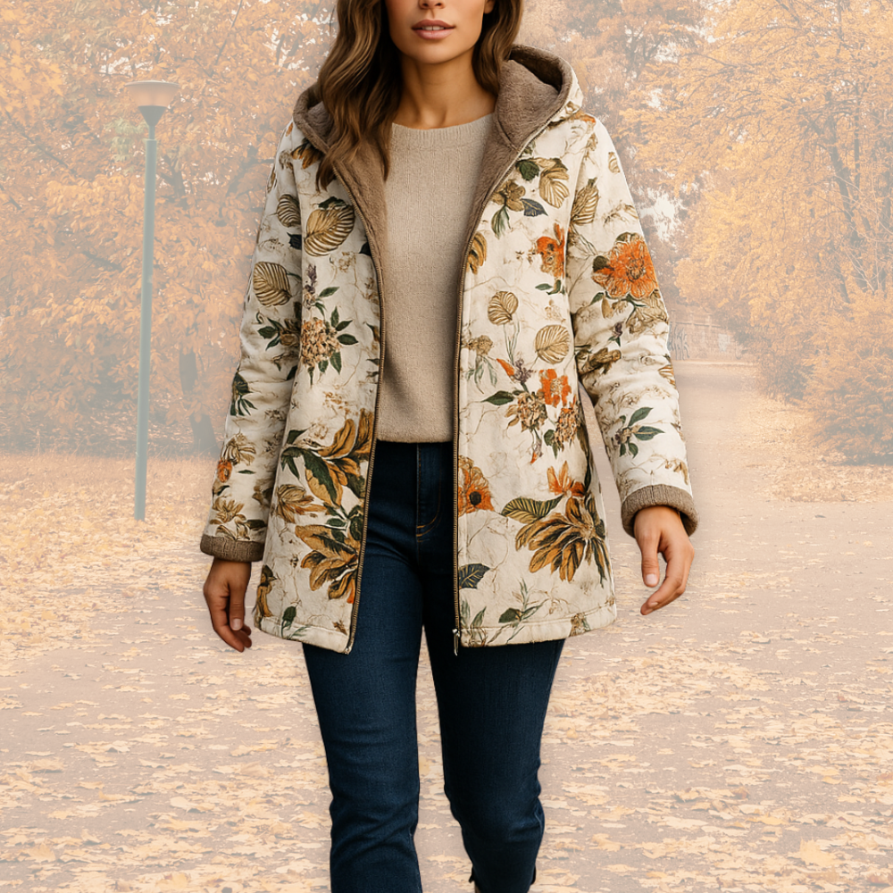 Damen Winterjacke Blumenmuster Kapuze Reißverschluss Kunstfell Fleece gefüttert Regular Fit Übergangs Winterjacke