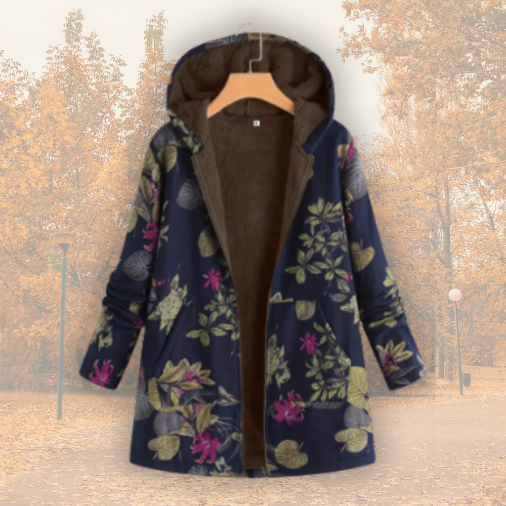 Damen Winterjacke Blumenmuster Kapuze Kunstfell Fleece Warm Leicht Regular Fit Mehrfarbig