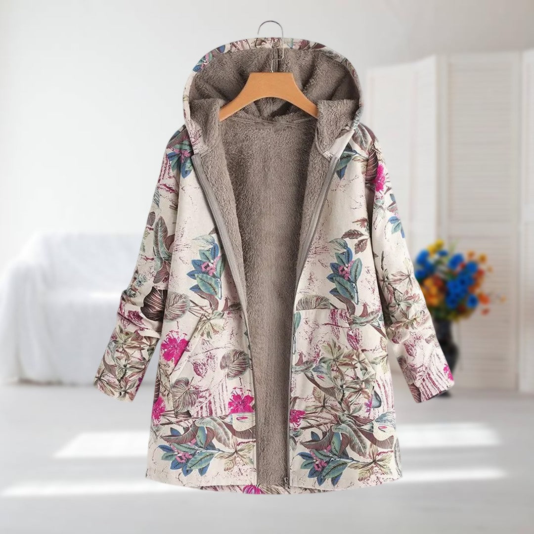 Damen Winterjacke Blumenmuster Kapuze Kunstfell Fleece Warm Leicht Regular Fit Mehrfarbig